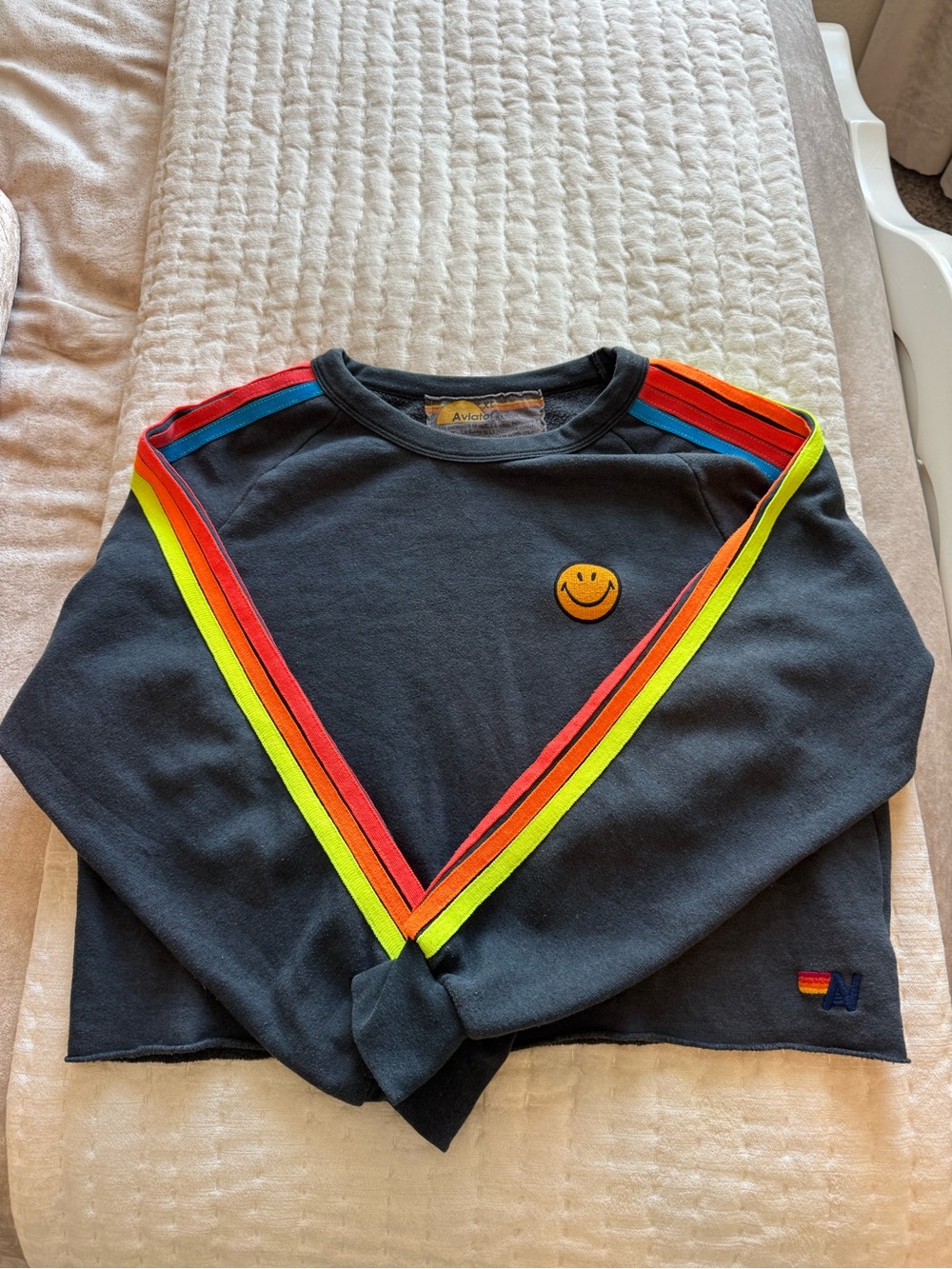 Aviator Nation Sweatshirt with Multi Rainbow Stripes and Smiley Patch